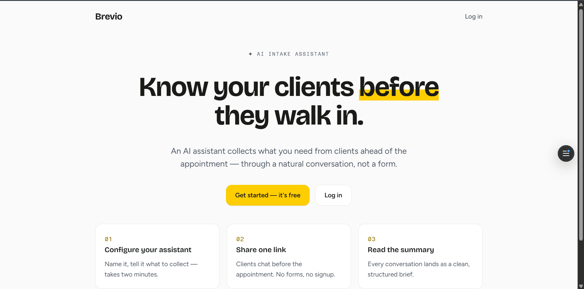 Brevio — AI · Client intake product built by Onel EZIN